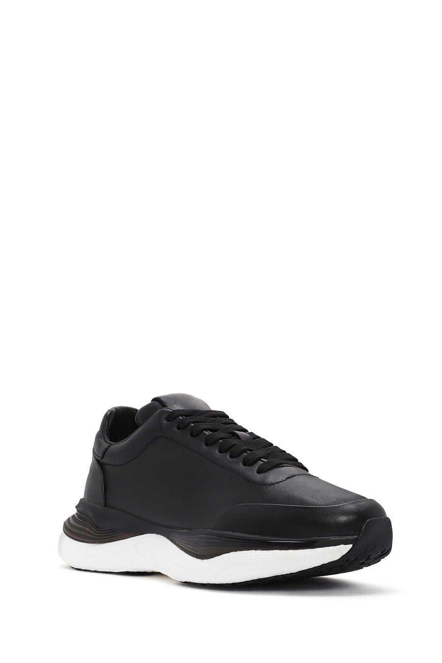 Erkek Siyah Bağcıklı Kalın Tabanlı Deri Sneaker