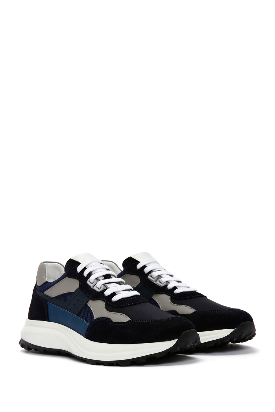 Men's Navy Blue Lace-up Thick-Sole Leather Sneaker