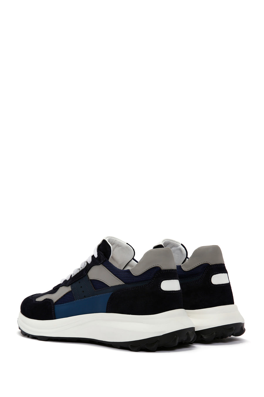 Men's Navy Blue Lace-up Thick-Sole Leather Sneaker