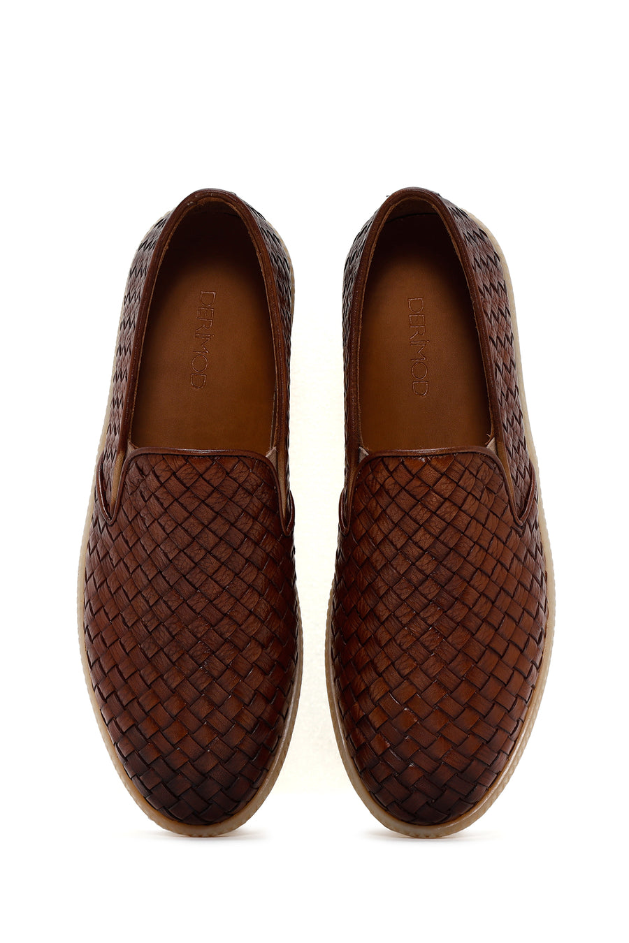 Erkek Taba Örgü Deri Casual Loafer