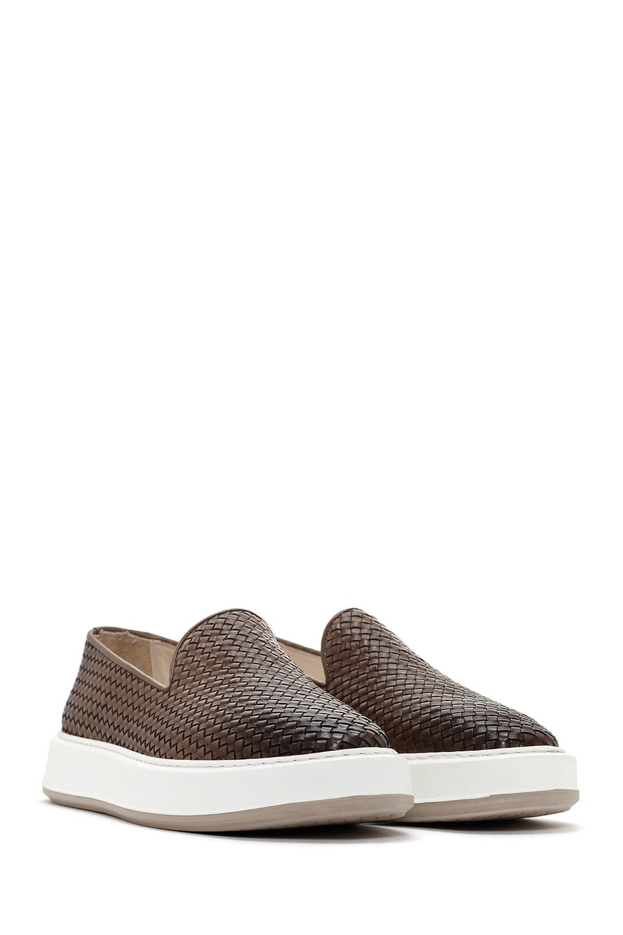 Men's Brown Thick Soled Knit Leather Casual Loafer