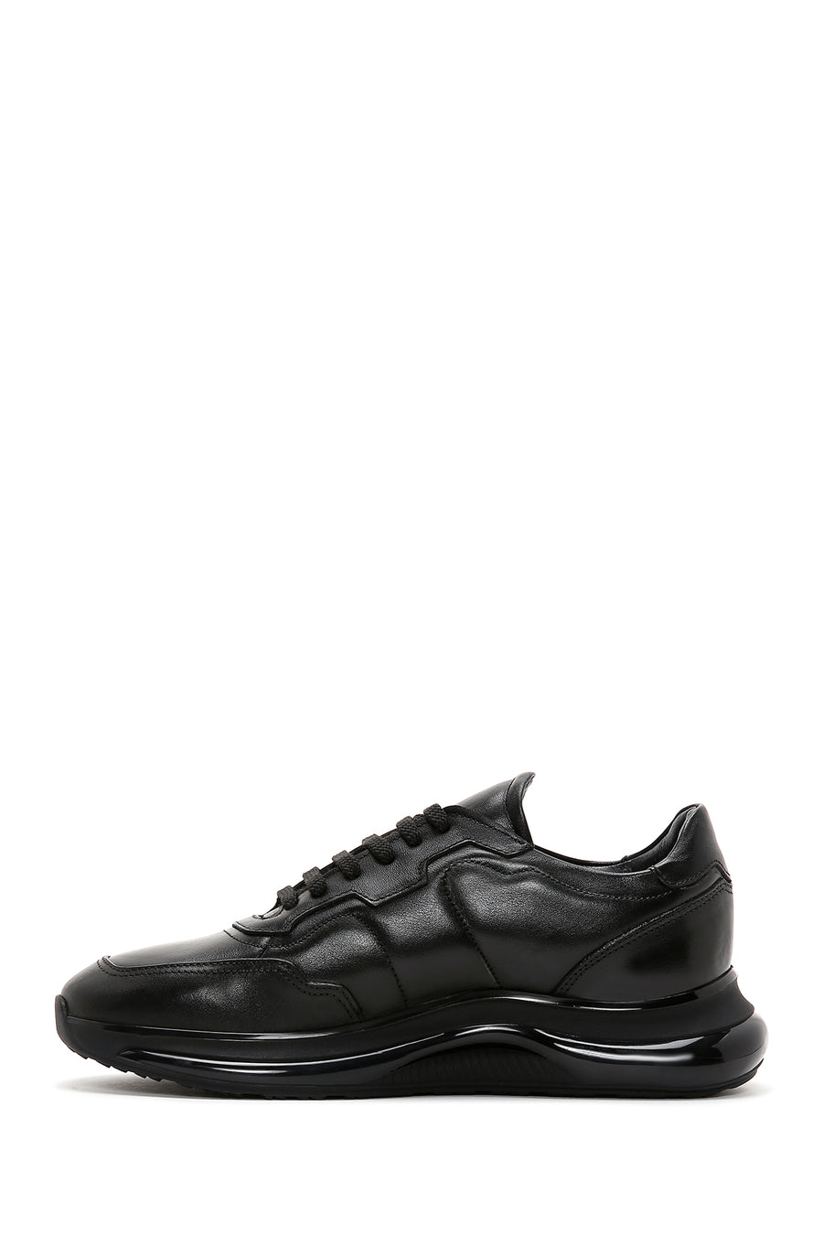 Men's Black Lace-up Thick-Sole Leather Casual Sneaker