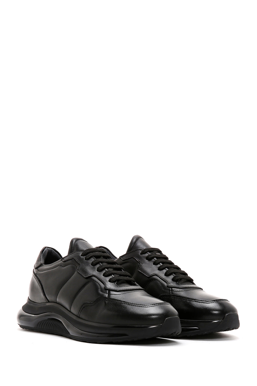Men's Black Lace-up Thick-Sole Leather Casual Sneaker