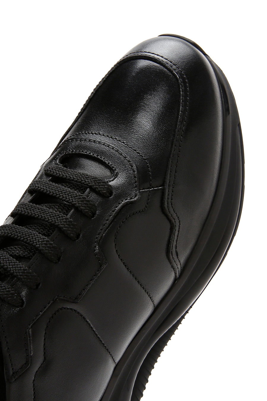 Men's Black Lace-up Thick-Sole Leather Casual Sneaker