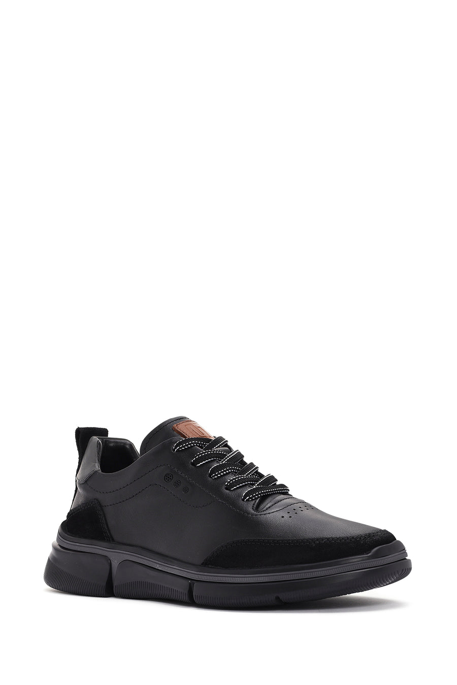 Erkek Siyah Bağcıklı Kalın Tabanlı Deri Sneaker