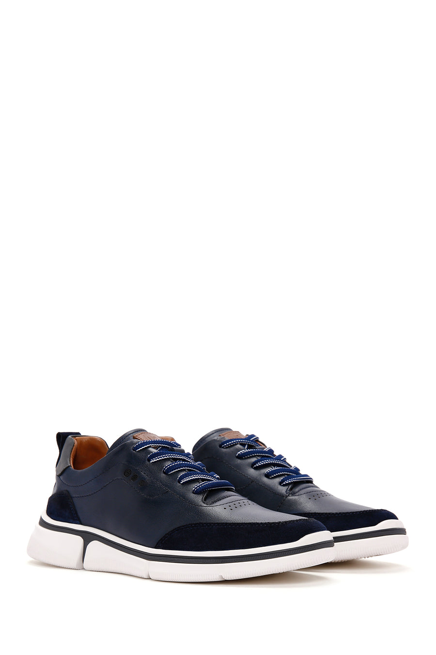 Men's Navy Blue Lace-up Thick-Sole Leather Sneaker