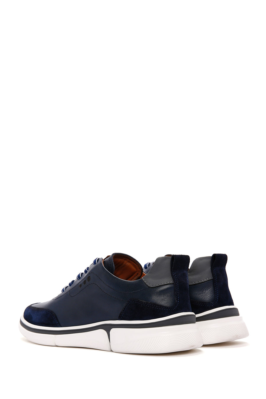 Men's Navy Blue Lace-up Thick-Sole Leather Sneaker
