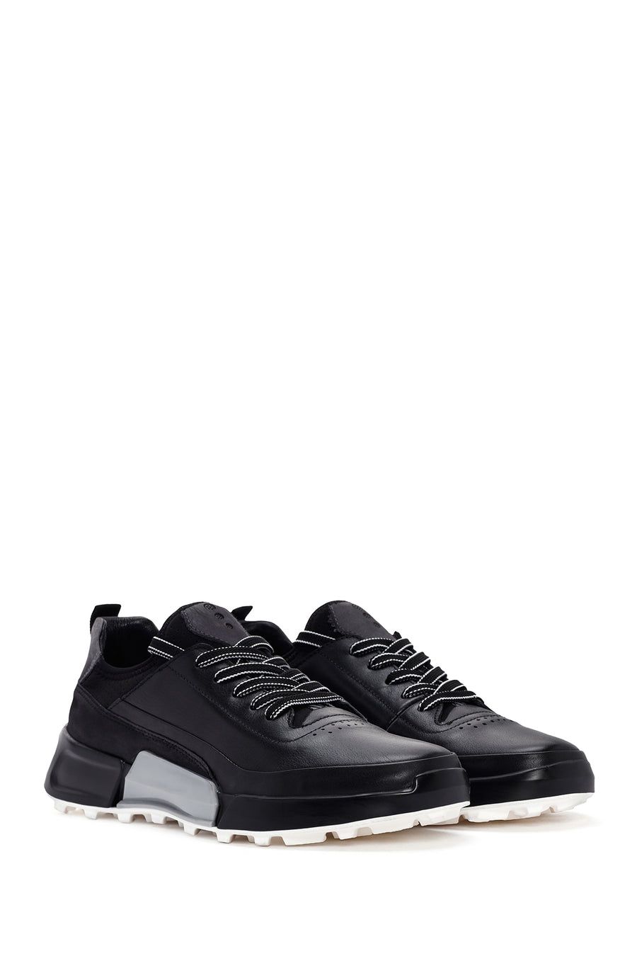 Men's Black Lace-up Thick-Sole Leather Sneaker