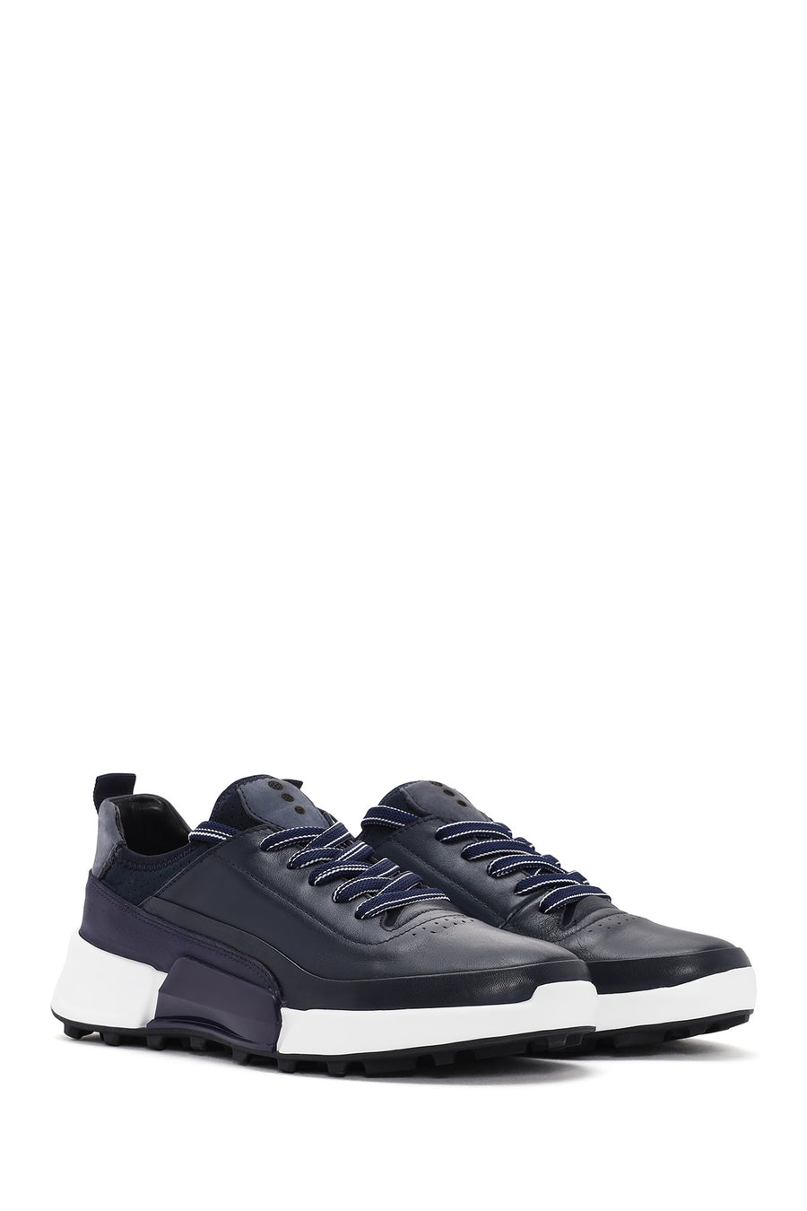 Men's Navy Blue Lace-up Thick-Sole Leather Sneaker