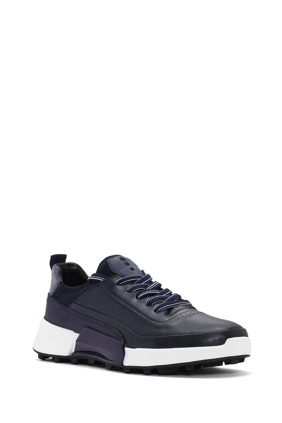 Men's Navy Blue Lace-up Thick-Sole Leather Sneaker