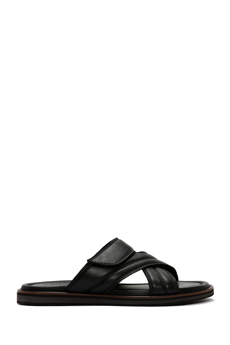 Men's Black Striped Casual Leather Slippers 24SFD625718 | Derimod