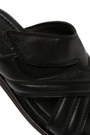 Men's Black Striped Casual Leather Slippers | Derimod