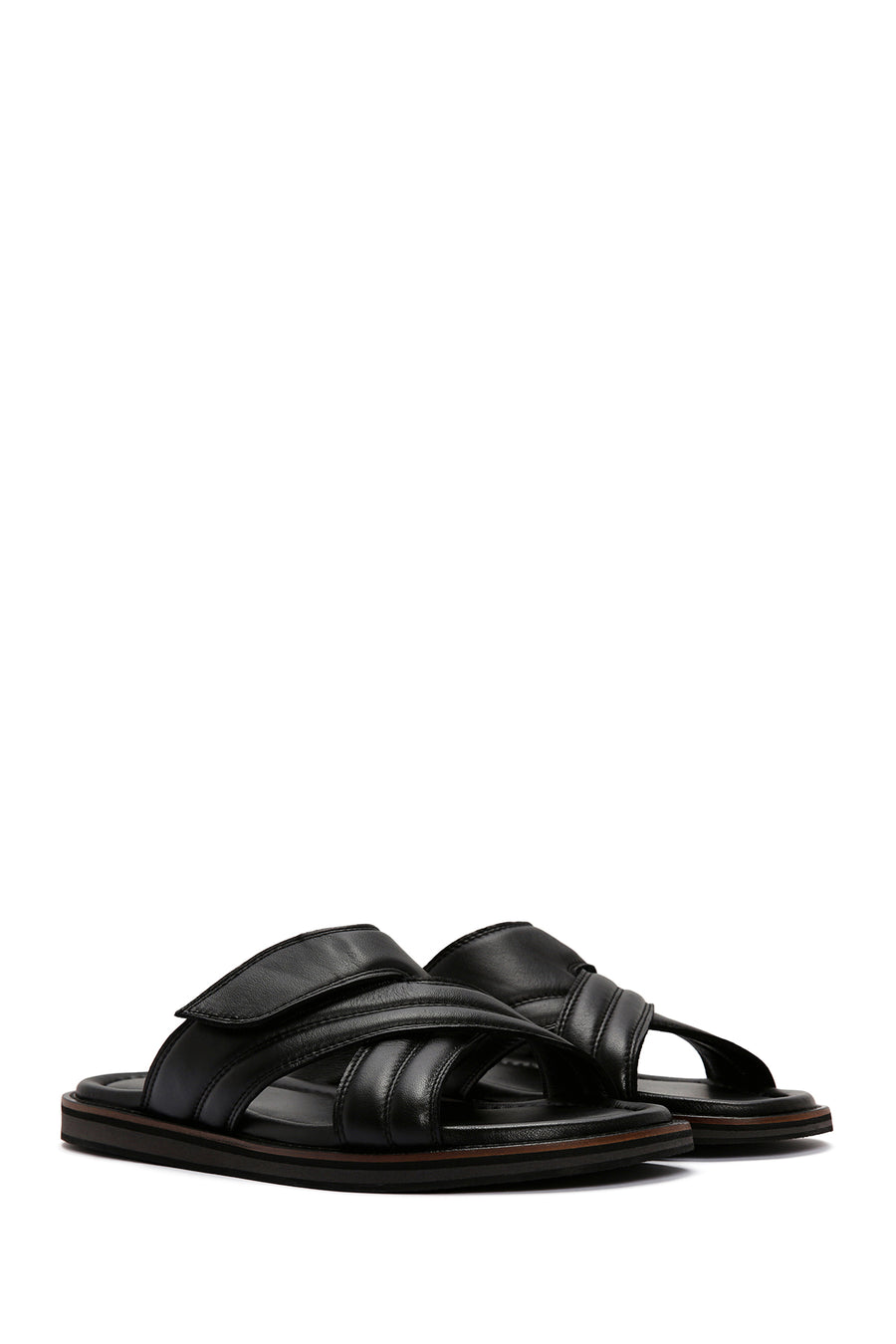 Men's Black Striped Casual Leather Slippers