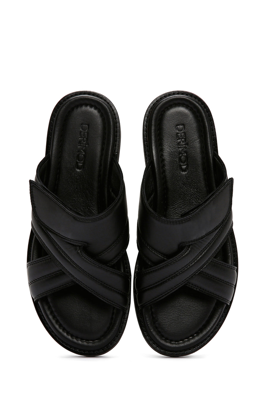 Men's Black Striped Casual Leather Slippers