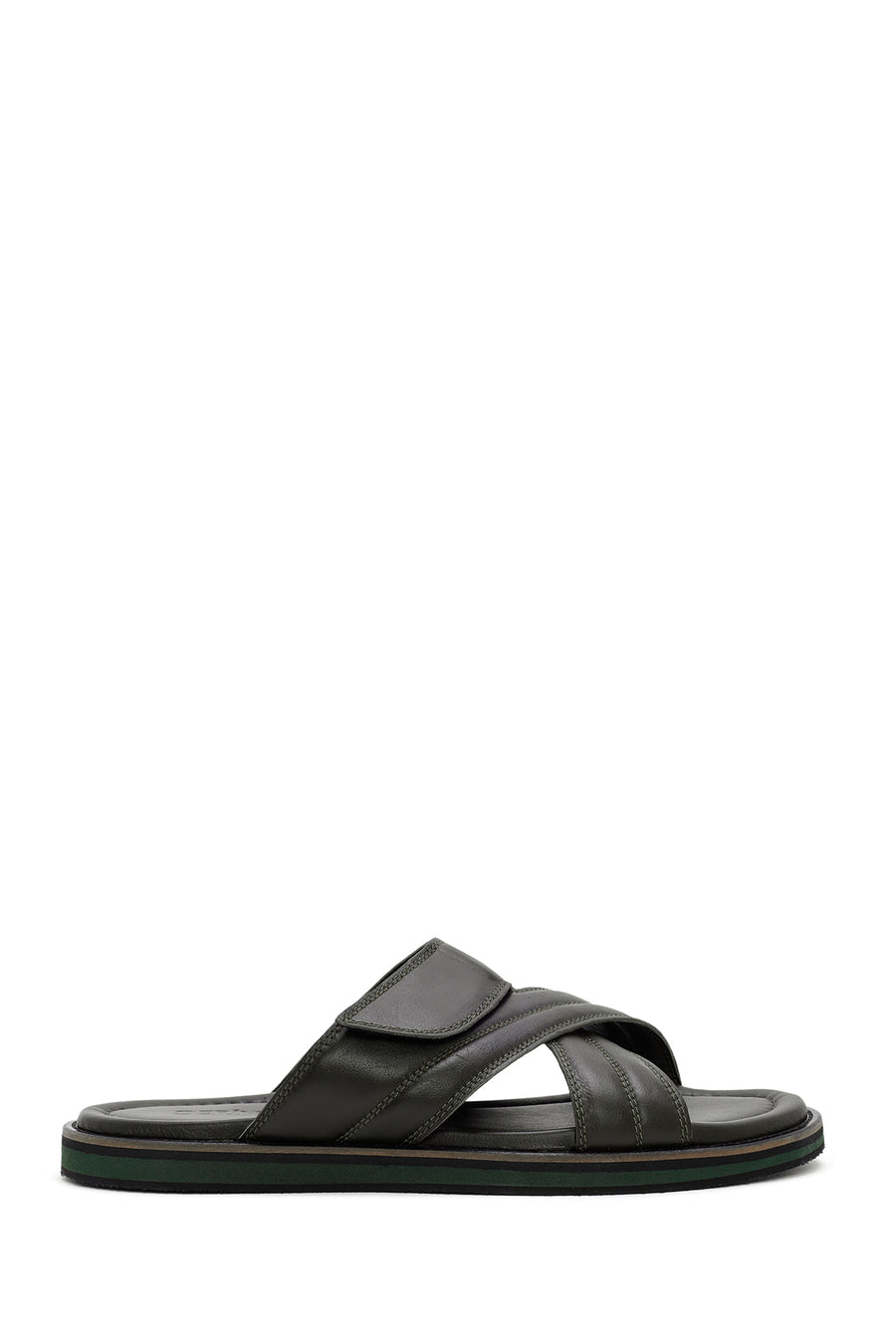 Men's Khaki Striped Casual Leather Slippers 24SFD625718 | Derimod