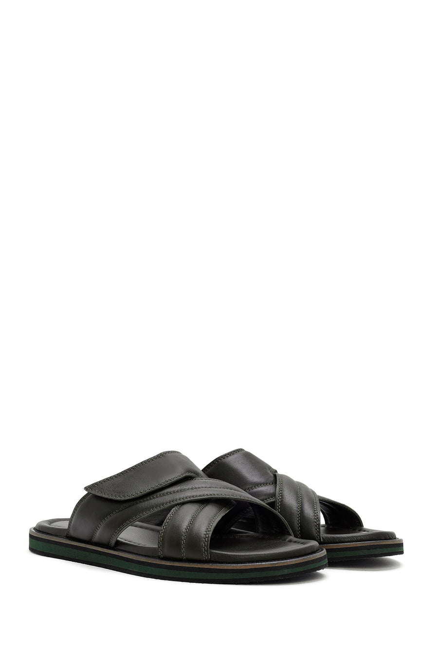 Men's Khaki Striped Casual Leather Slippers
