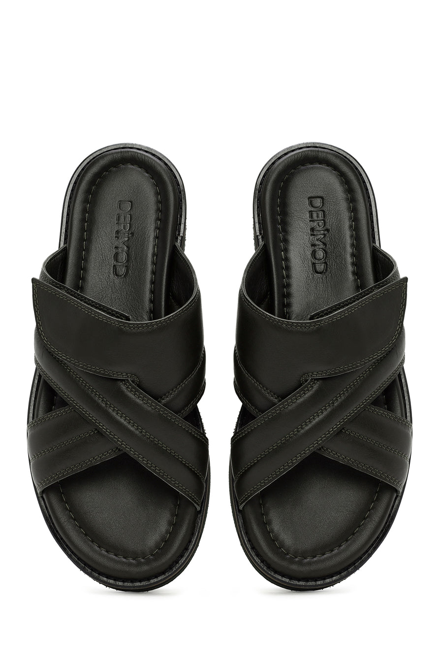 Men's Khaki Striped Casual Leather Slippers