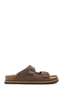 Men's Beige Buckle Detailed Nubuck Leather Slippers | Derimod