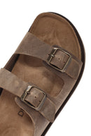 Men's Beige Buckle Detailed Nubuck Leather Slippers | Derimod