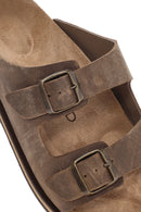 Men's Beige Buckle Detailed Nubuck Leather Slippers | Derimod