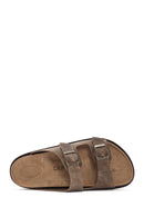 Men's Beige Buckle Detailed Nubuck Leather Slippers | Derimod