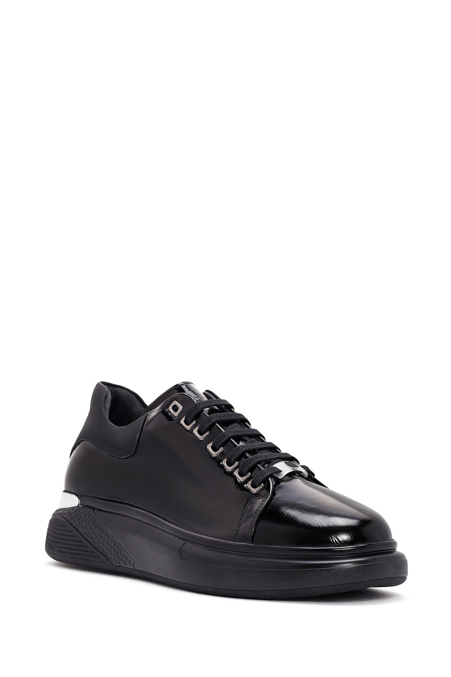 Erkek Siyah Bağcıklı Rugan Deri Sneaker