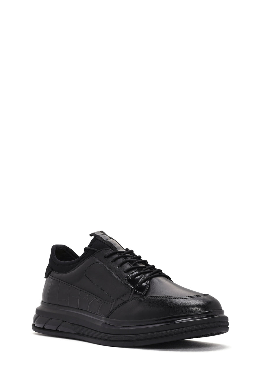 Erkek Siyah Bağcıklı Deri Casual Sneaker