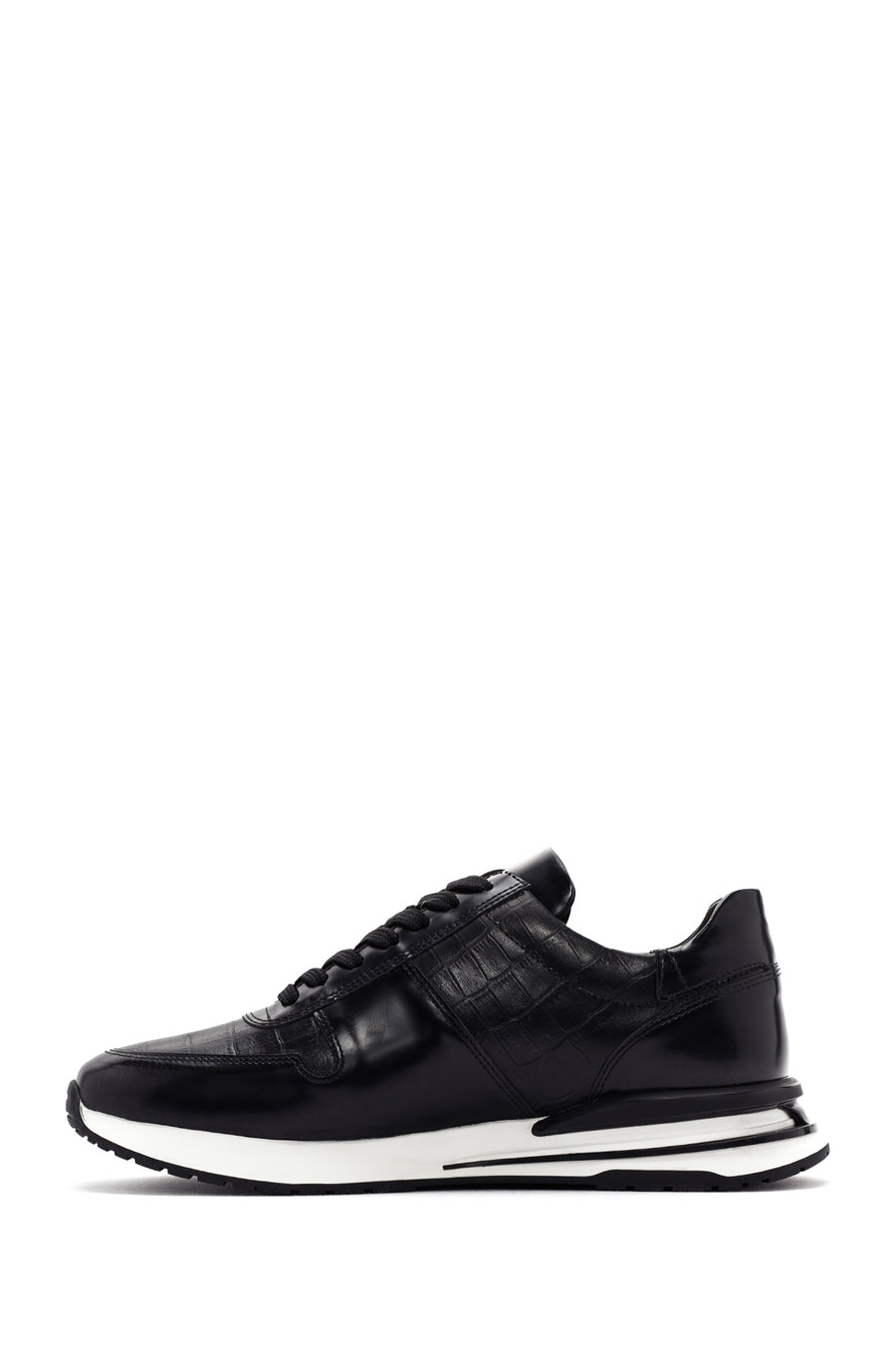 Men's Black Crocodile Patterned Lace Up Thick Soled Leather Sneaker