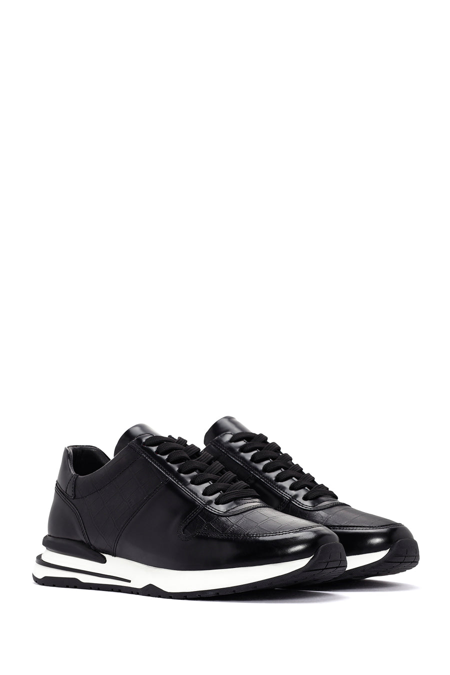 Men's Black Crocodile Patterned Lace Up Thick Soled Leather Sneaker
