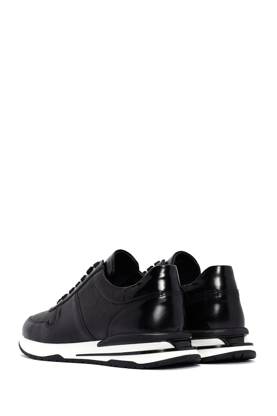 Men's Black Crocodile Patterned Lace Up Thick Soled Leather Sneaker