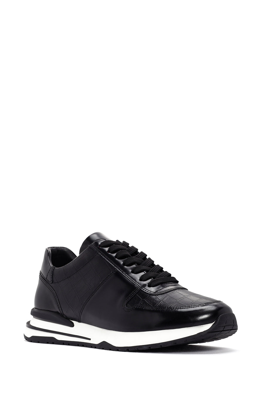 Men's Black Crocodile Patterned Lace Up Thick Soled Leather Sneaker