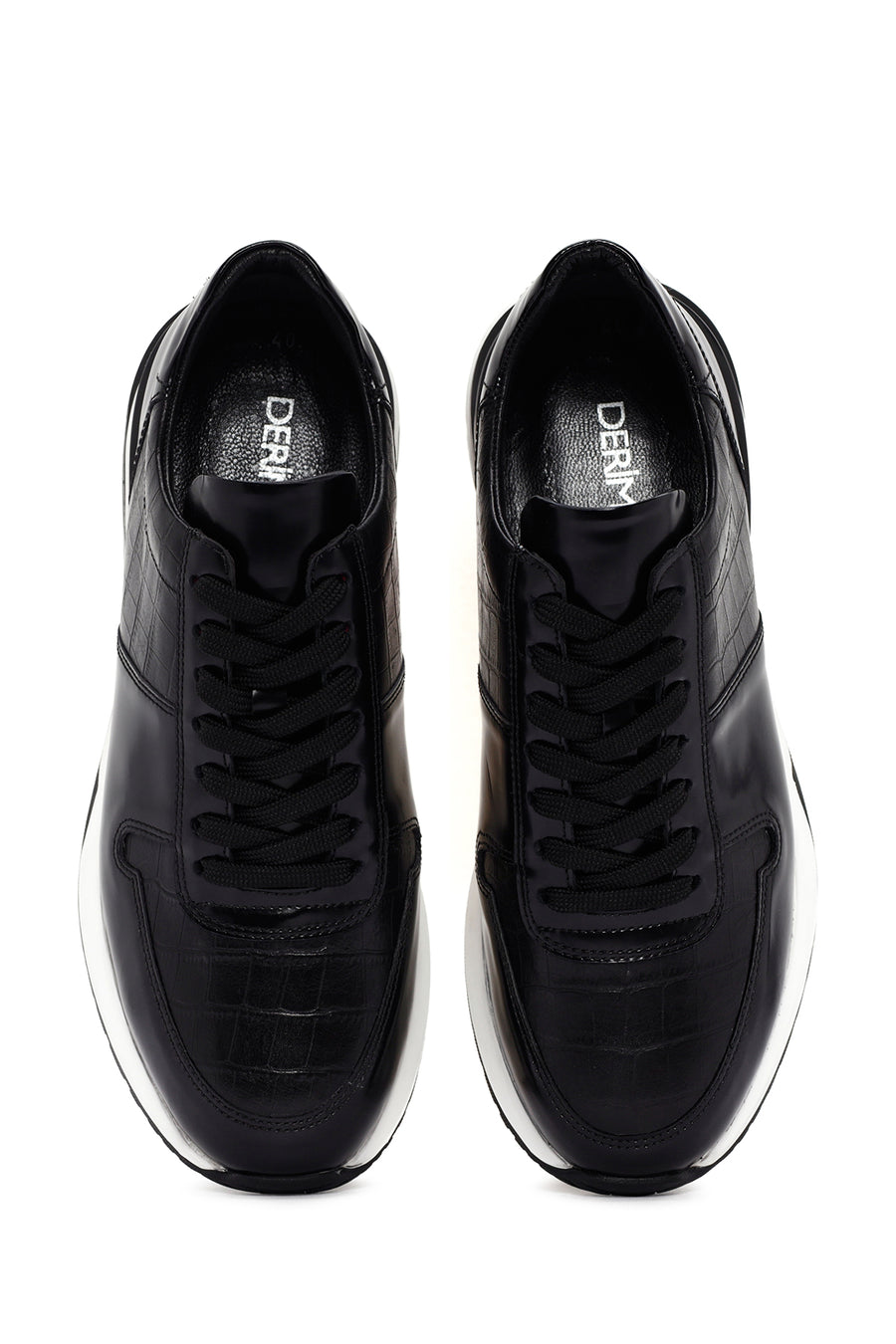 Men's Black Crocodile Patterned Lace Up Thick Soled Leather Sneaker