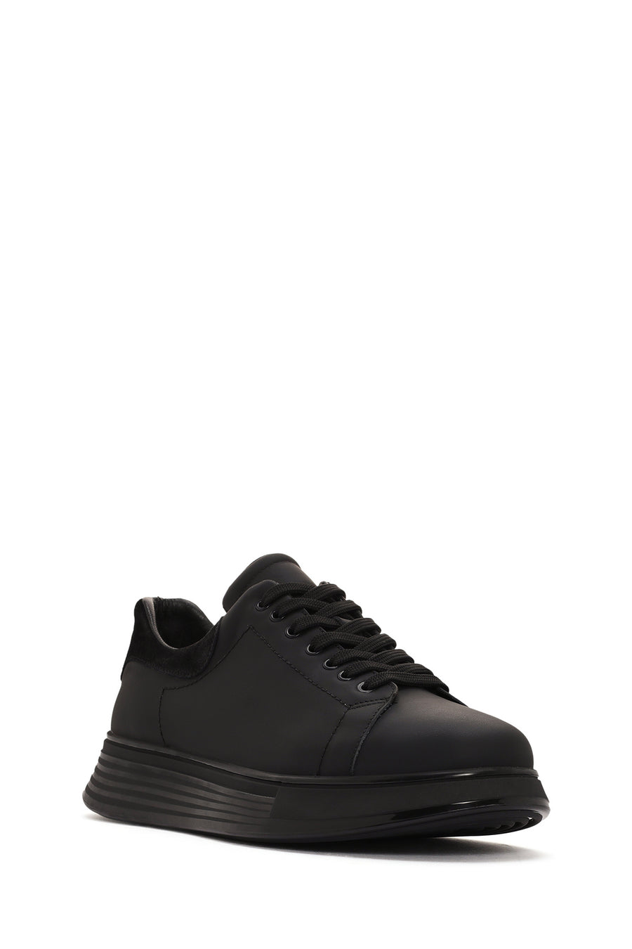 Erkek Siyah Bağcıklı Kalın Tabanlı Deri Sneaker