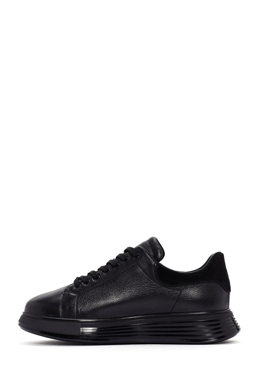 Men's Black Lace-up Thick-Sole Leather Sneaker