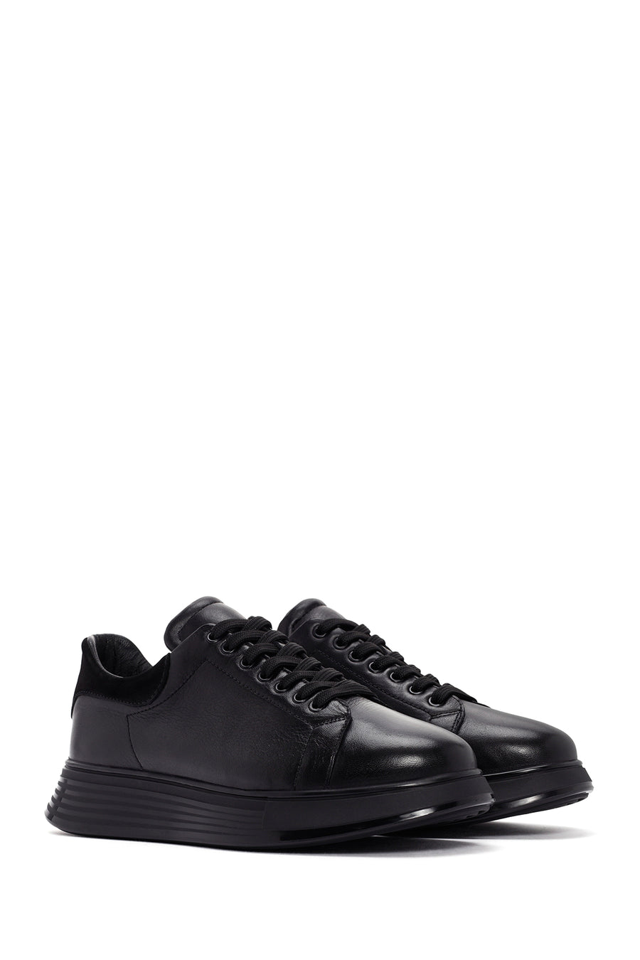 Men's Black Lace-up Thick-Sole Leather Sneaker
