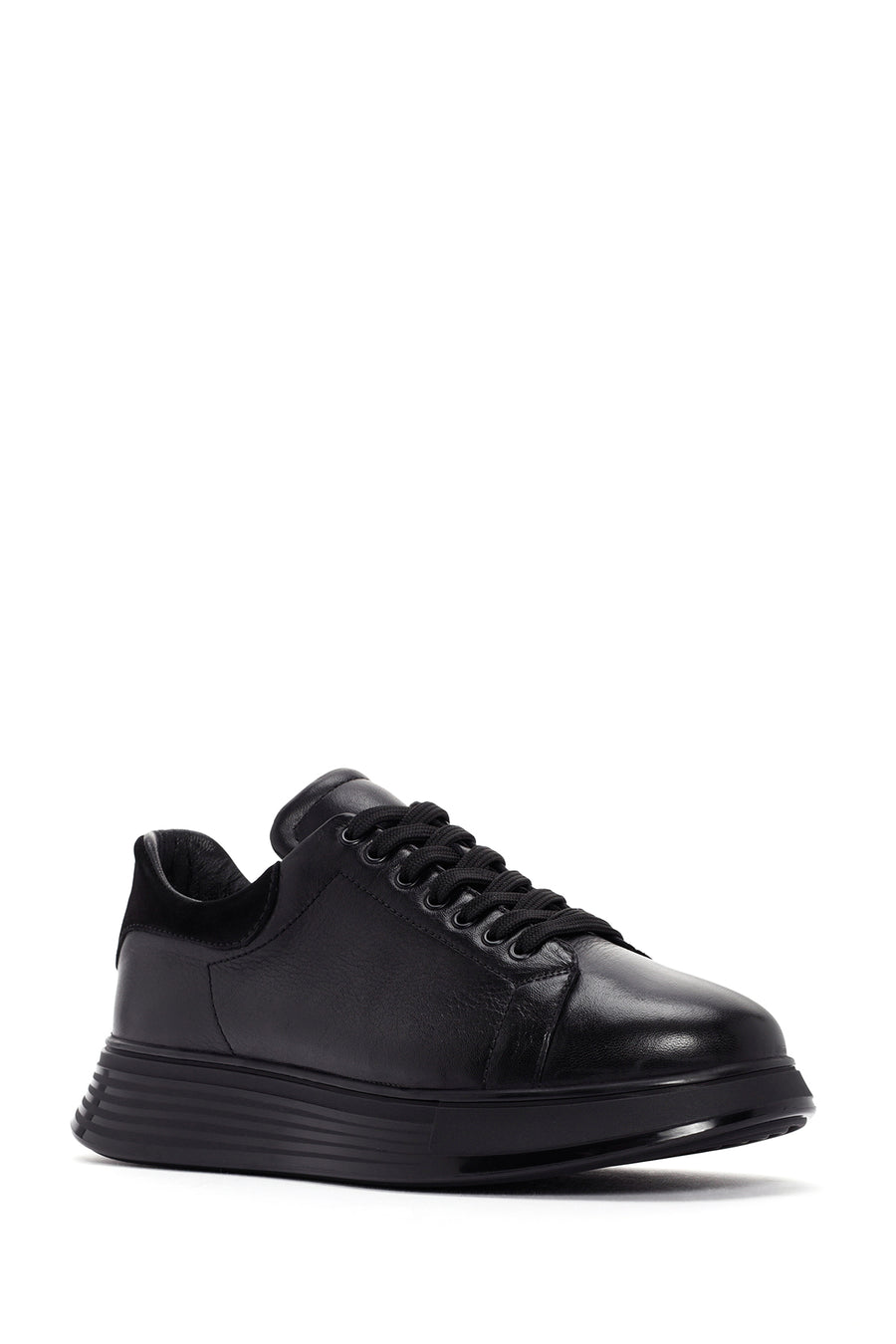 Men's Black Lace-up Thick-Sole Leather Sneaker