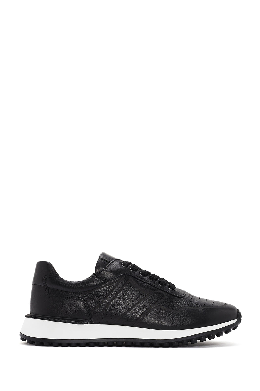 Erkek Siyah Bağcıklı Kalın Tabanlı Deri Sneaker