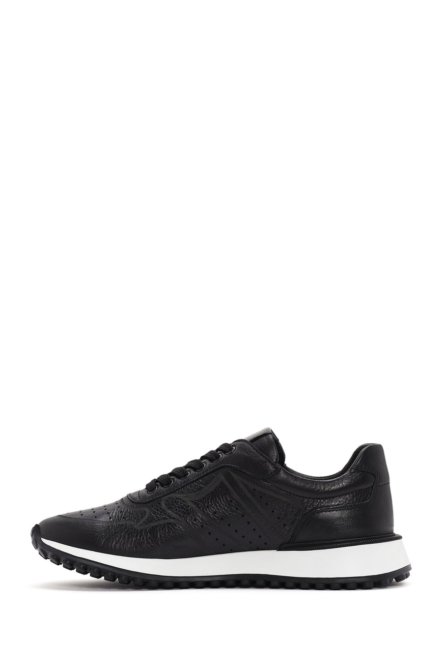 Men's Black Lace-up Thick-Sole Leather Sneaker