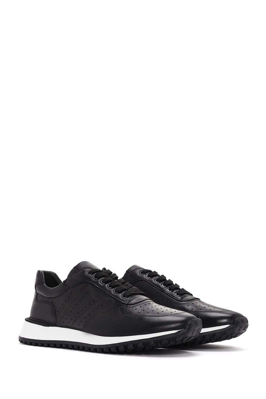 Men's Black Lace-up Thick-Sole Leather Sneaker