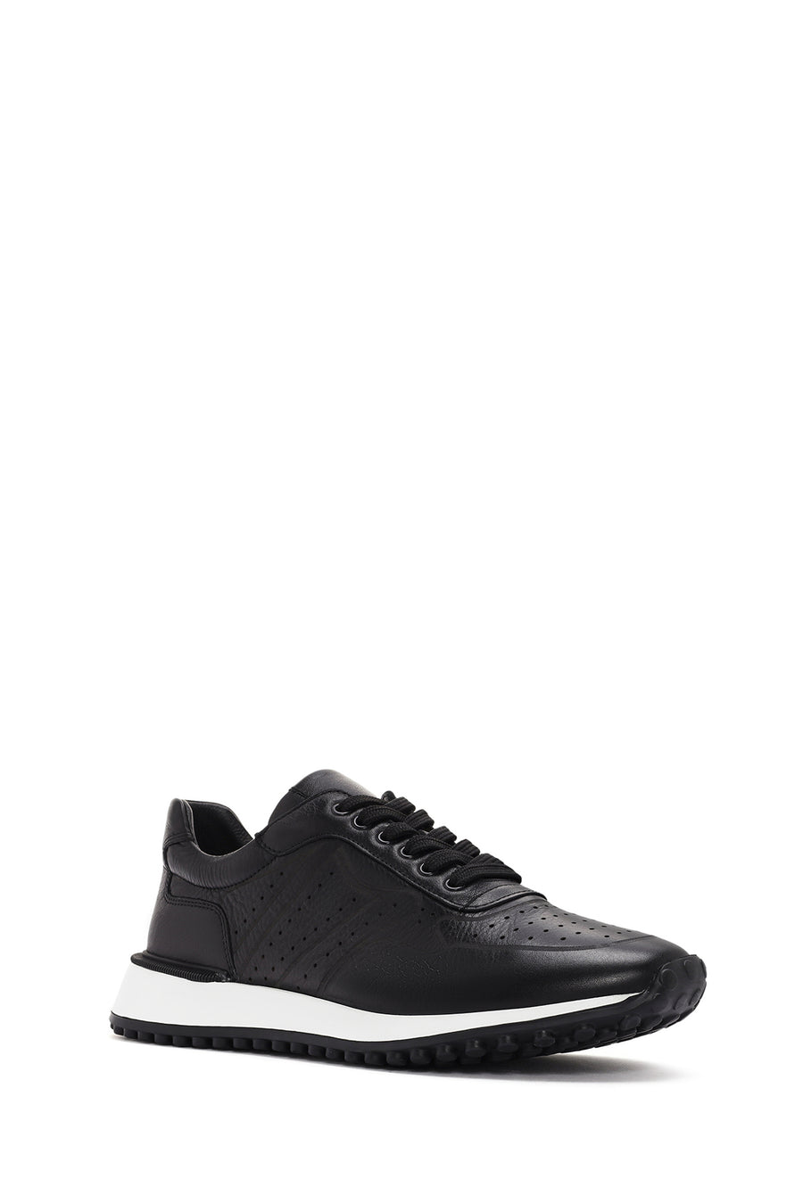 Men's Black Lace-up Thick-Sole Leather Sneaker