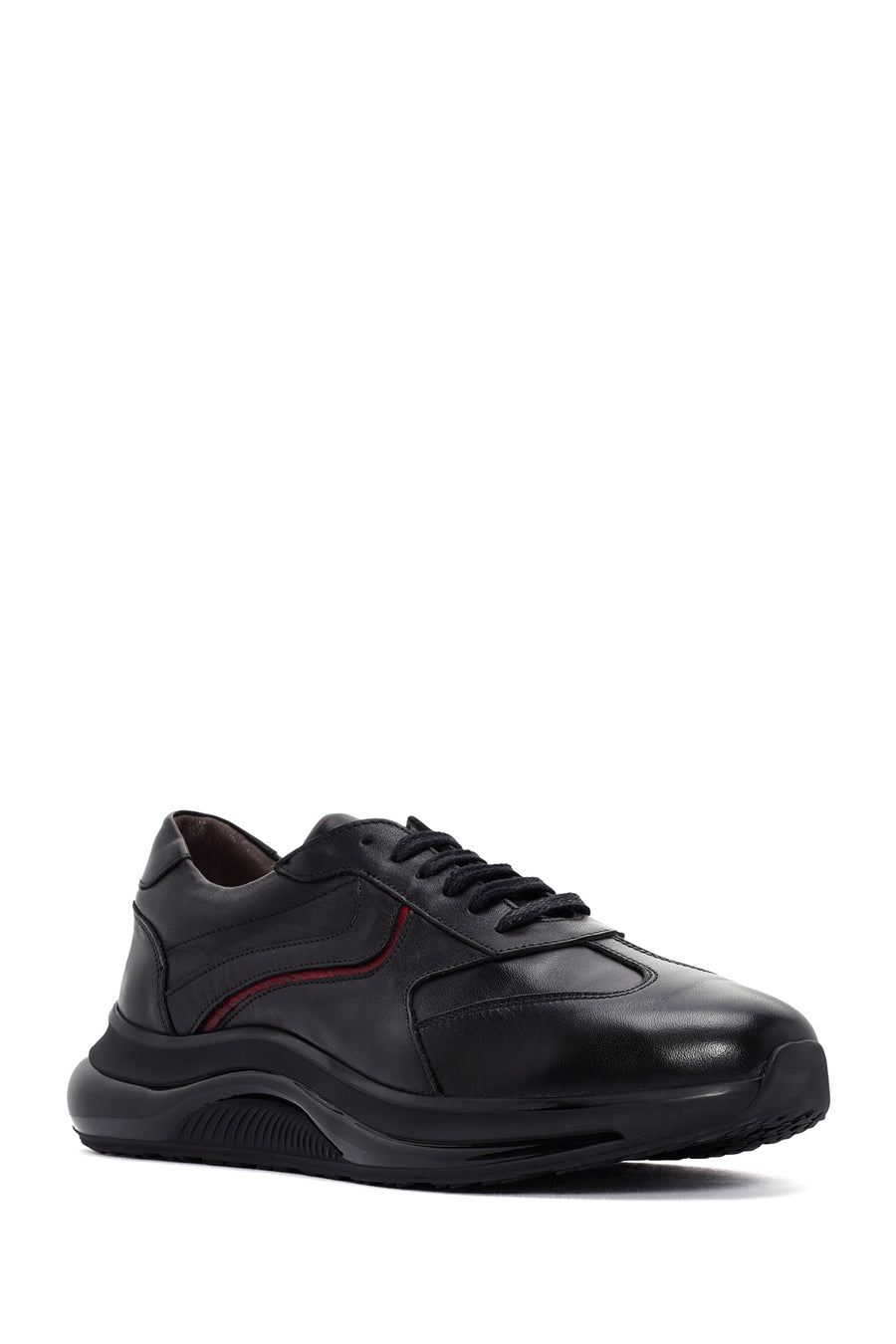 Erkek Siyah Bağcıklı Kalın Tabanlı Deri Casual Sneaker