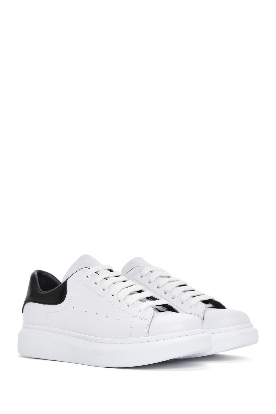 Men's White Lace-up Thick-Sole Leather Sneaker