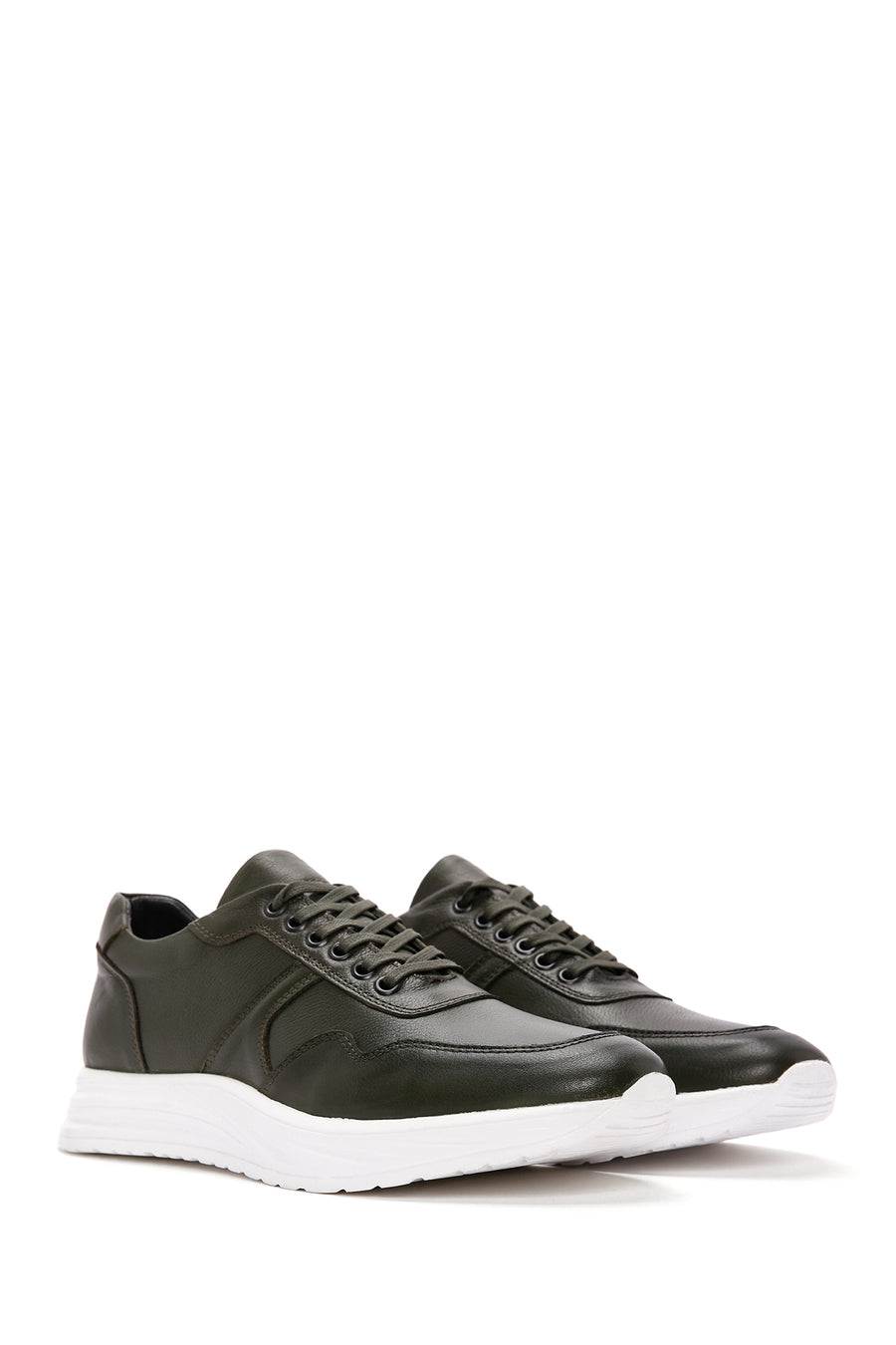 Men's Khaki Lace-up Thick-Sole Leather Sneaker