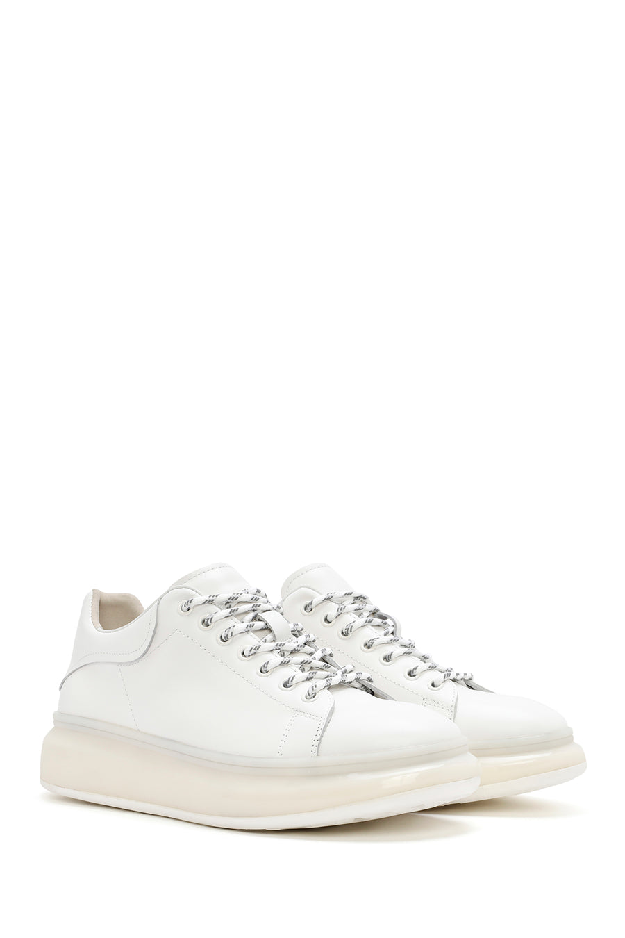 Erkek Beyaz Kalın Tabanlı Bağcıklı Deri Sneaker