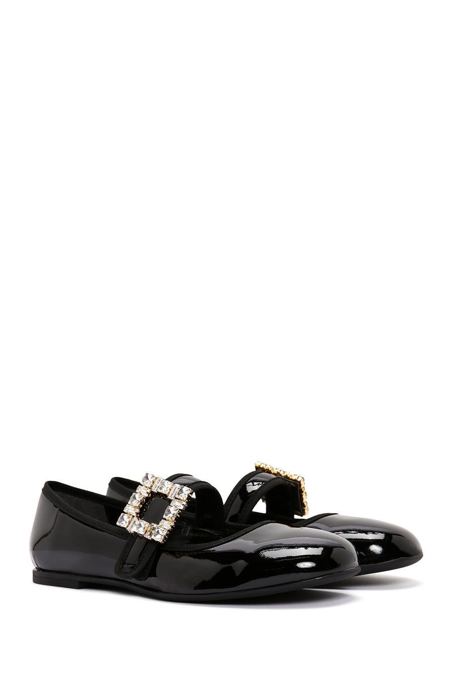 Women's Black Stoned Patent Leather Ballerinas
