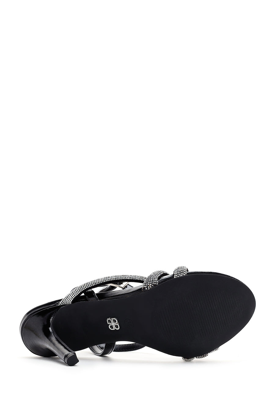 Women's Black Ankle Strap Stone Heeled Sandals