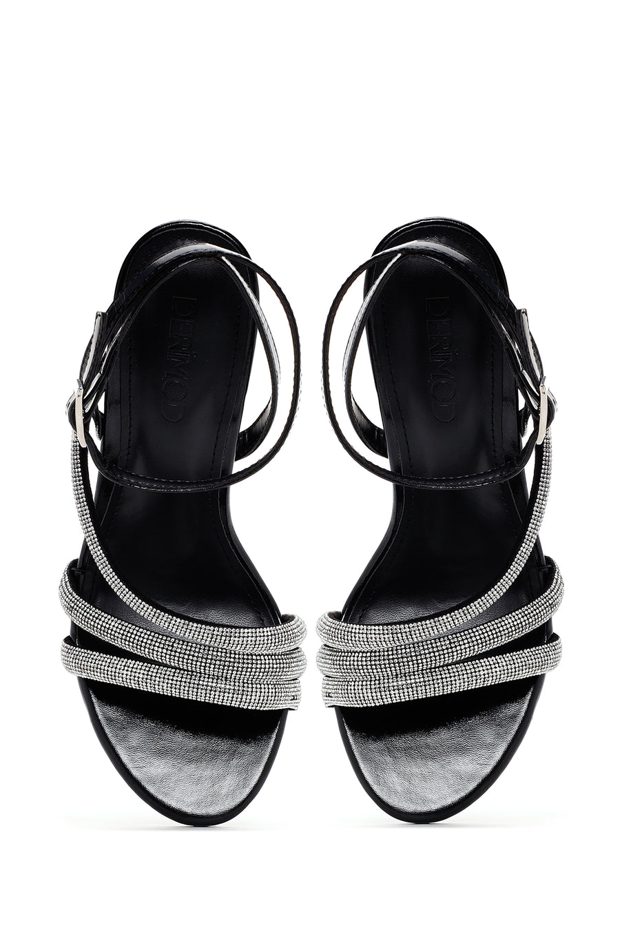 Women's Black Ankle Strap Stone Heeled Sandals