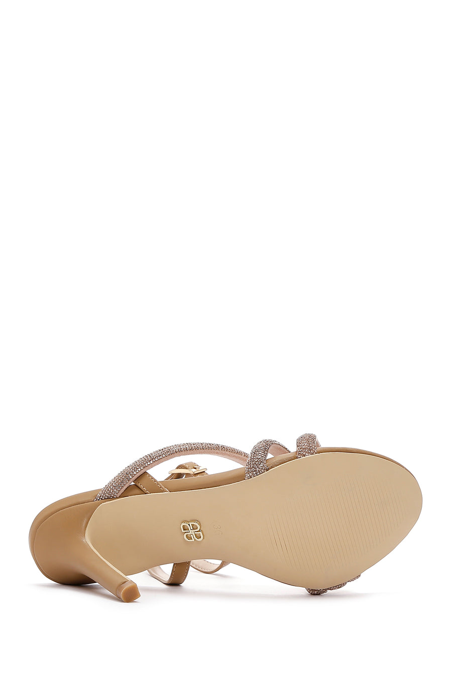 Women's Beige Ankle Strap Stone Heeled Sandals
