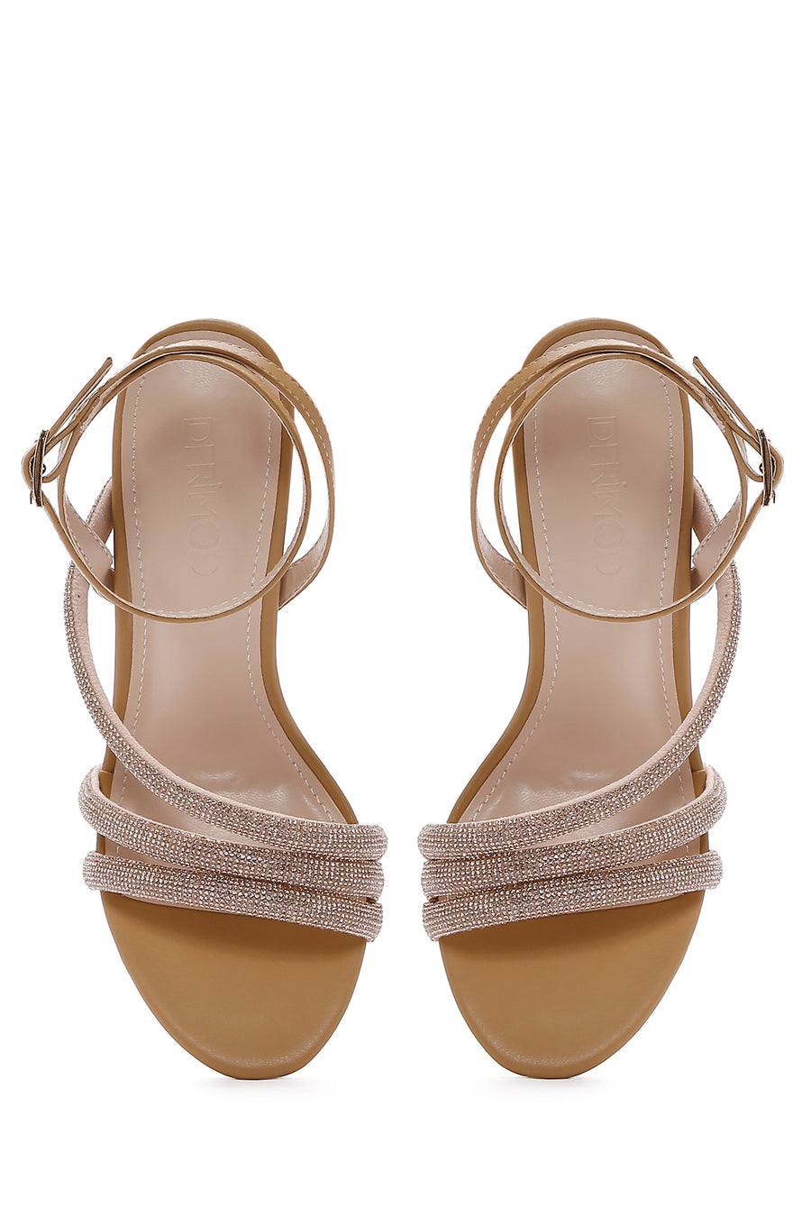 Women's Beige Ankle Strap Stone Heeled Sandals