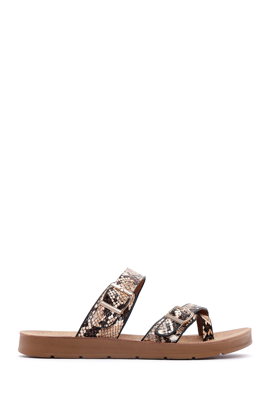 Women's Brown Double Buckle Flip Flops 24SFE460140 | Derimod